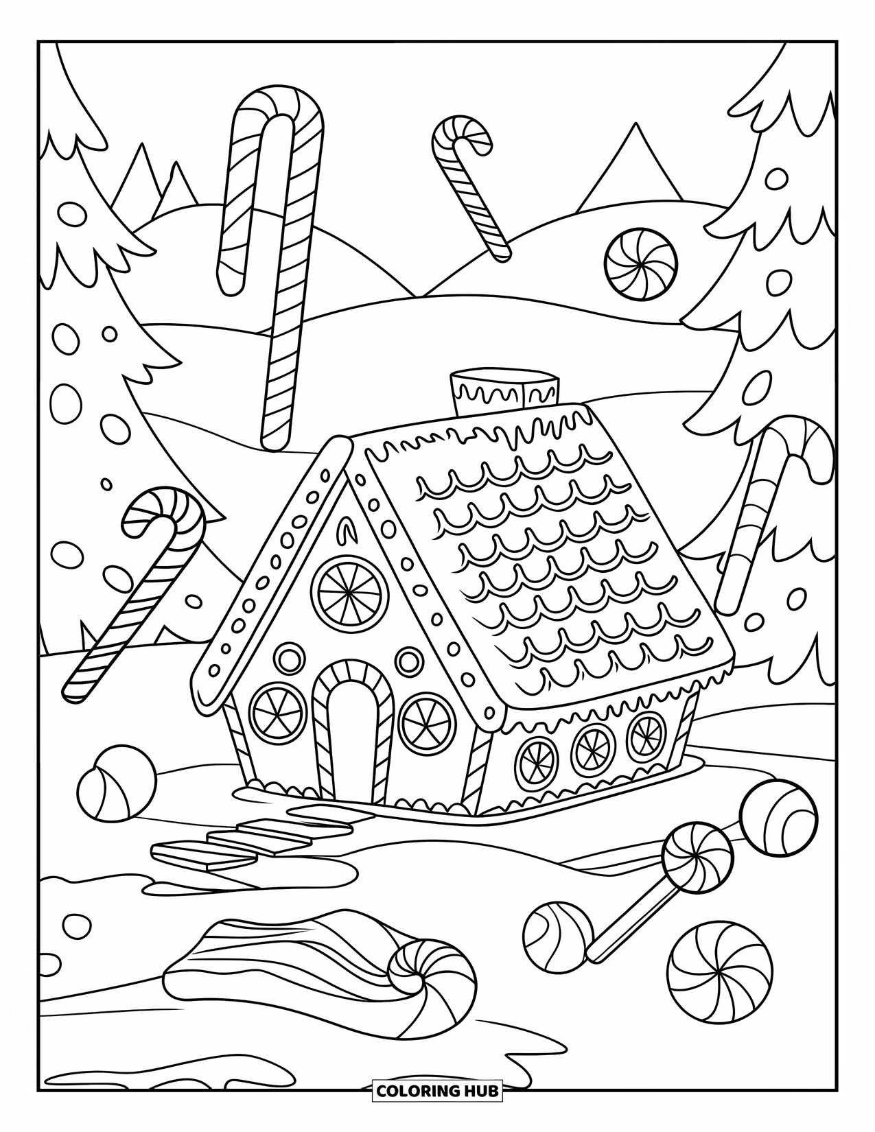 Gingerbread Christmas Coloring Page for Kids: A decorated gingerbread cottage amid candy and peppermint fields