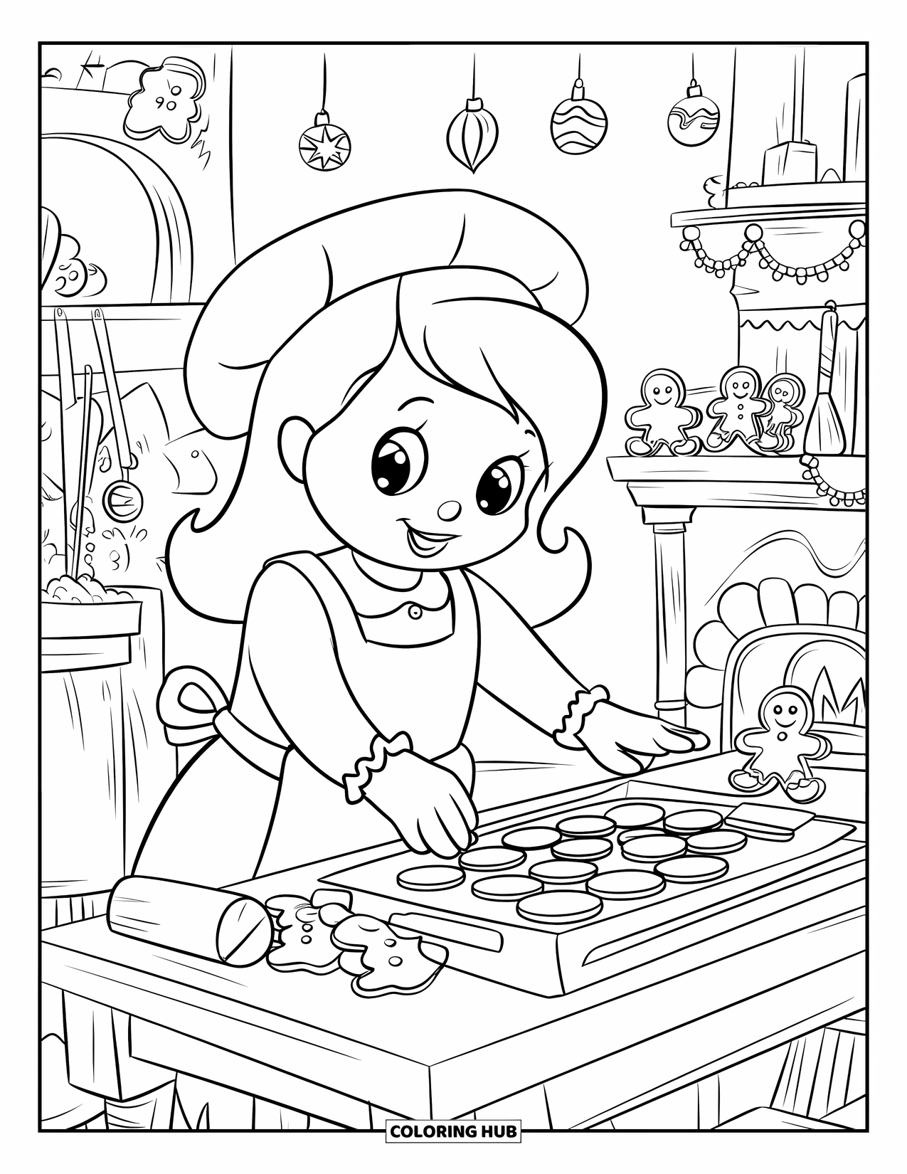 Gingerbread Christmas Coloring Page for Kids: A gingerbread girl bakes cookies in a warm, festive kitchen