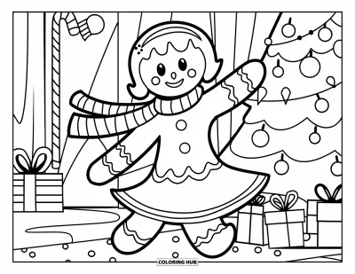 Gingerbread Christmas Coloring Page for Kids: A gingerbread girl dances joyfully with her striped scarf twirling