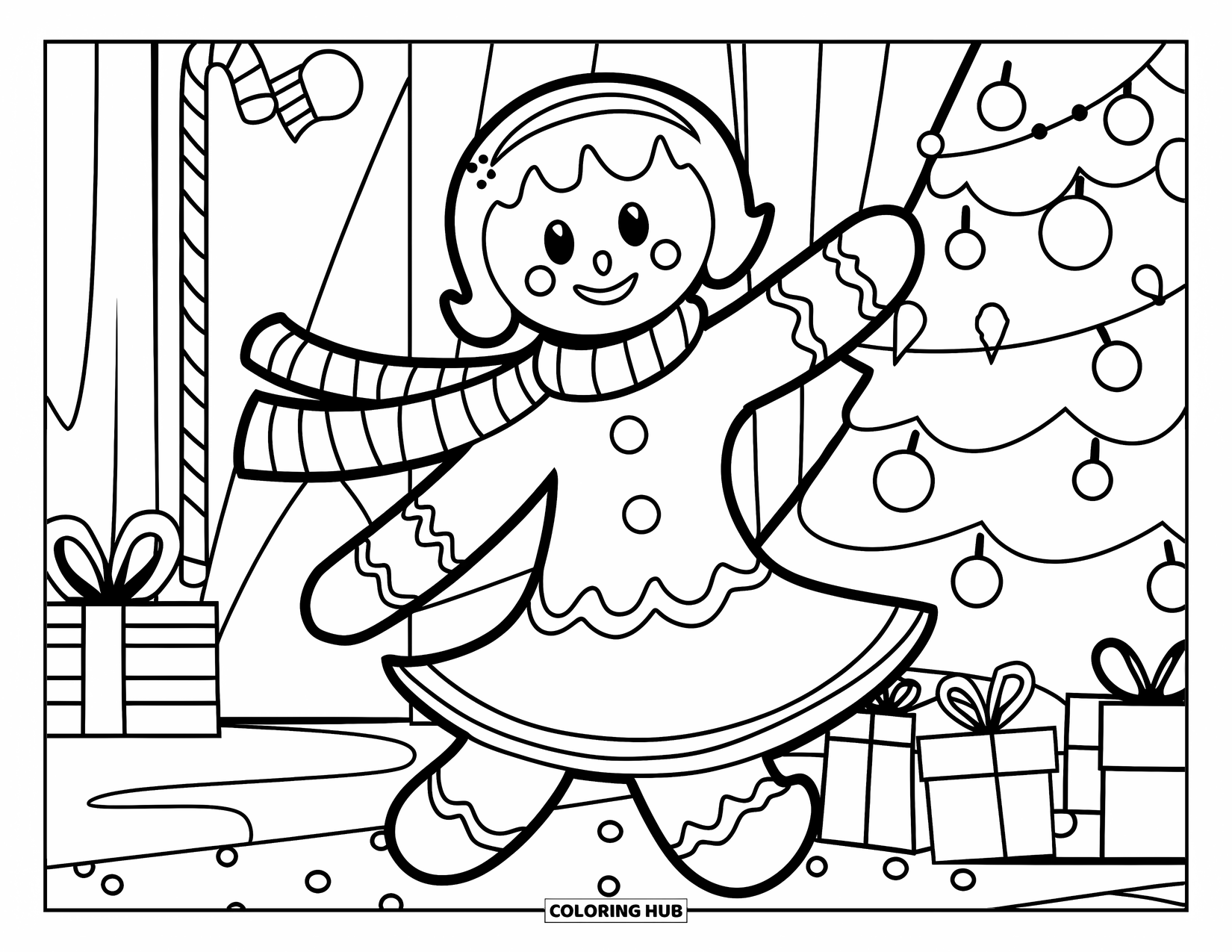 Gingerbread Christmas Coloring Page for Kids: A gingerbread girl dances joyfully with her striped scarf twirling