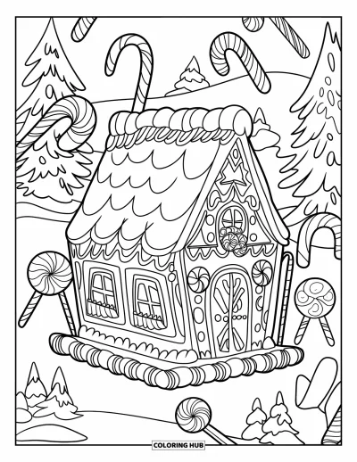 Gingerbread Christmas Coloring Page for Kids: A gingerbread home built on candy canes and frosting snow