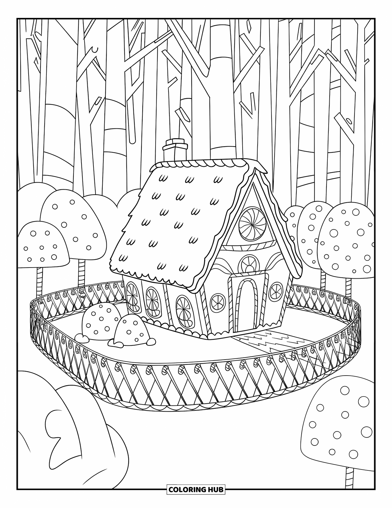 Gingerbread Christmas Coloring Page for Kids: A gingerbread home with candy fences nestled in a winter forest