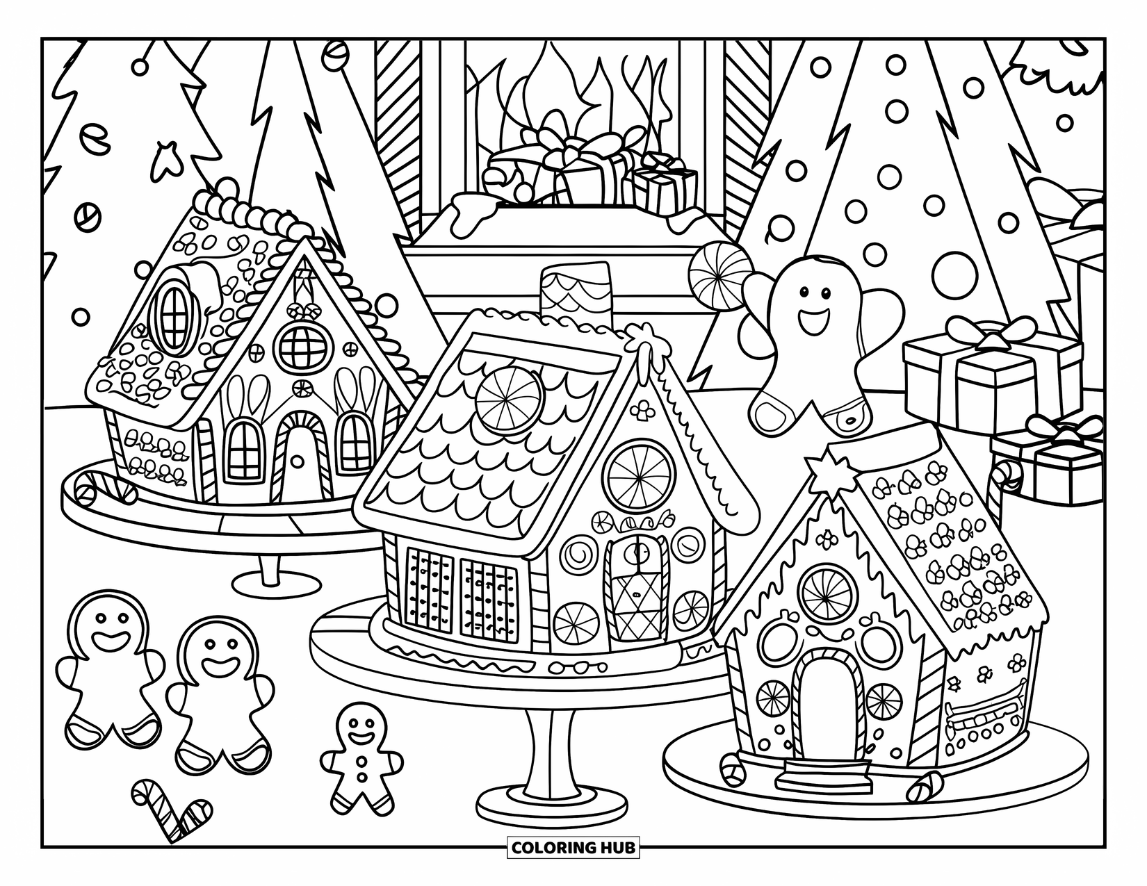 Gingerbread Christmas Coloring Page for Kids: A gingerbread house contest with three candy-covered designs on display