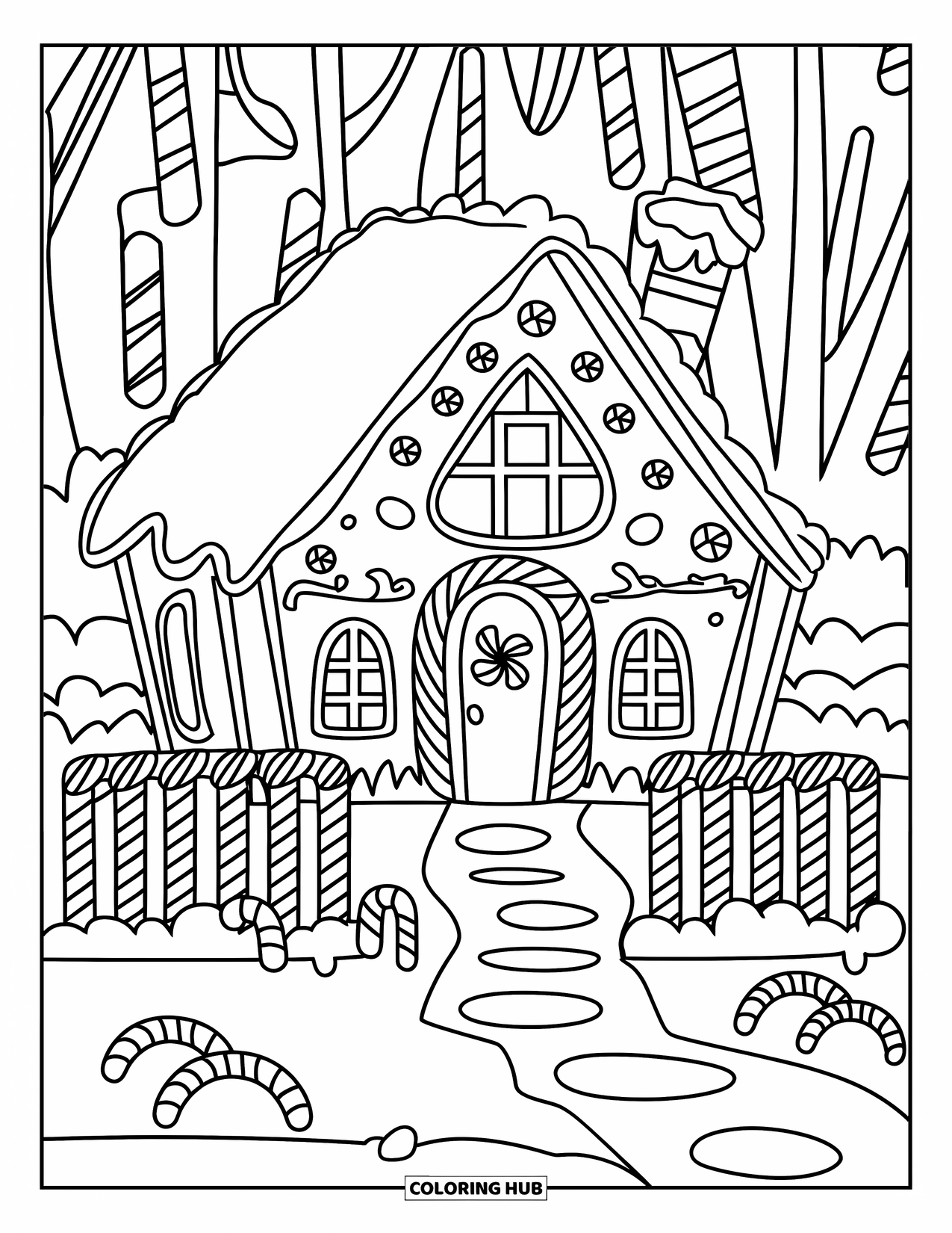 Gingerbread Christmas Coloring Page for Kids: A gingerbread house surrounded by candy fences and gumdrop bushes