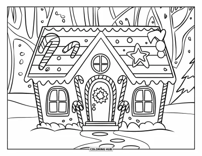 Gingerbread Christmas Coloring Page for Kids: A gingerbread house with a wreath and a heart-shaped roof design