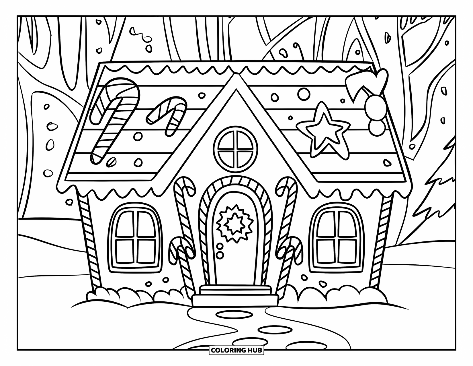 Gingerbread Christmas Coloring Page for Kids: A gingerbread house with a wreath and a heart-shaped roof design