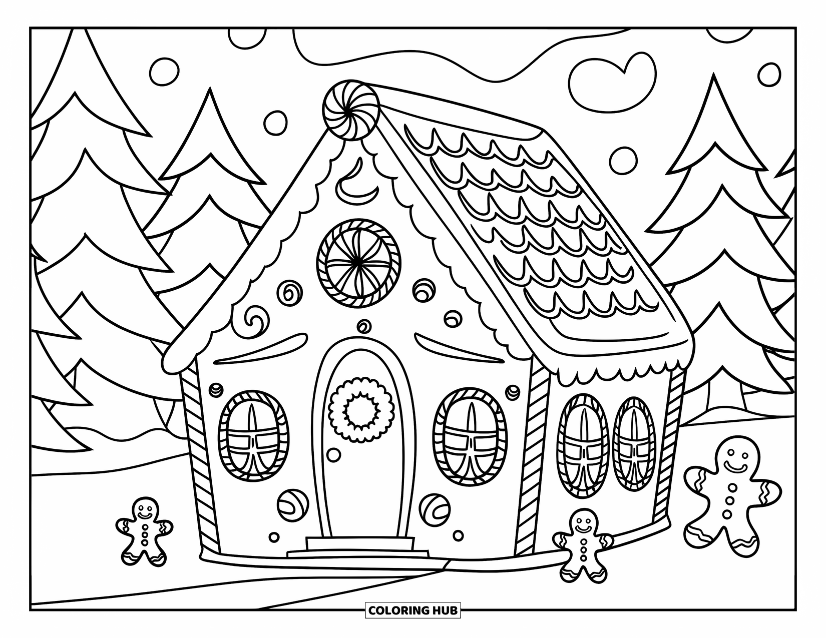 Gingerbread Christmas Coloring Page for Kids: A gingerbread house with a wreath and two snowy windows