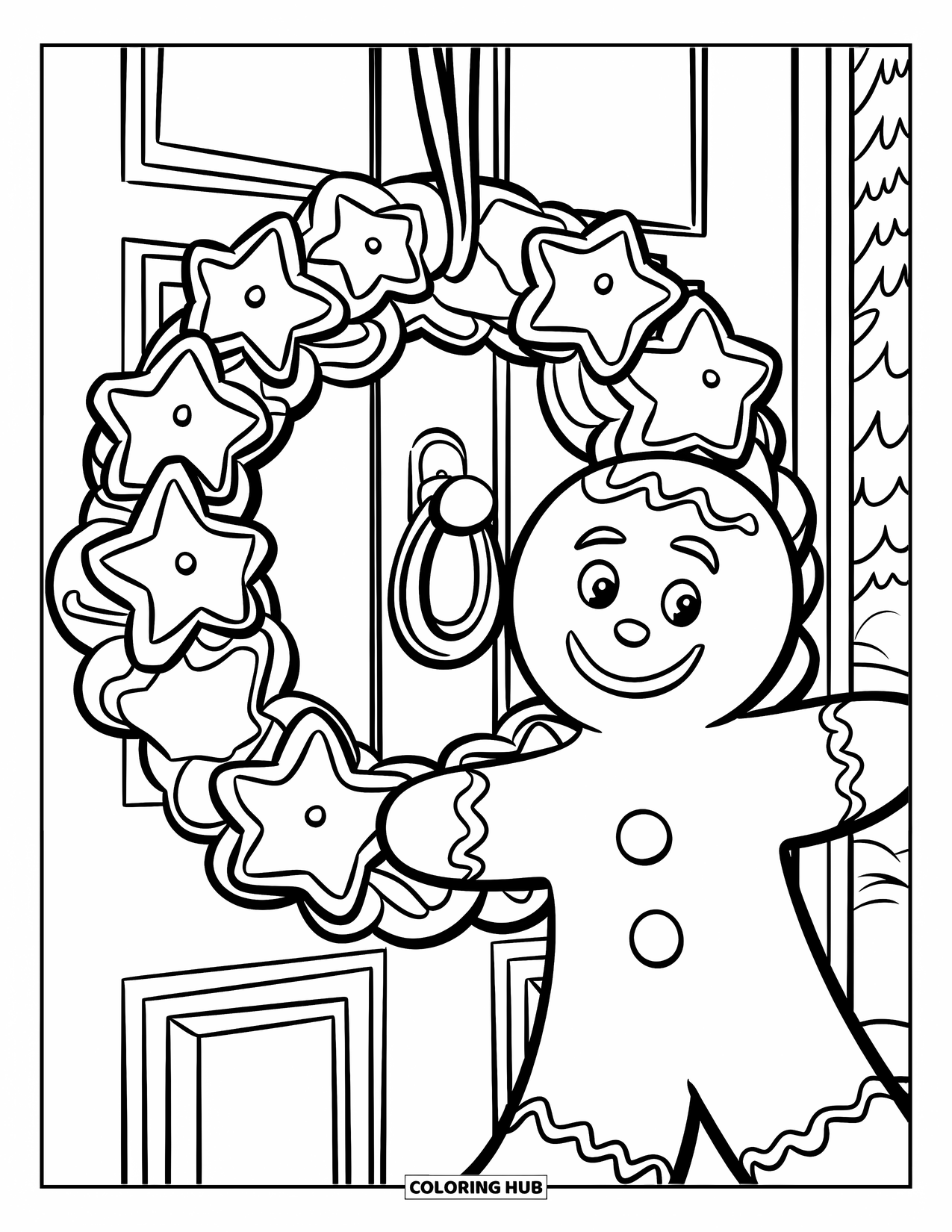 Gingerbread Christmas Coloring Page for Kids: A gingerbread man decorates a star cookie wreath on a snowy door
