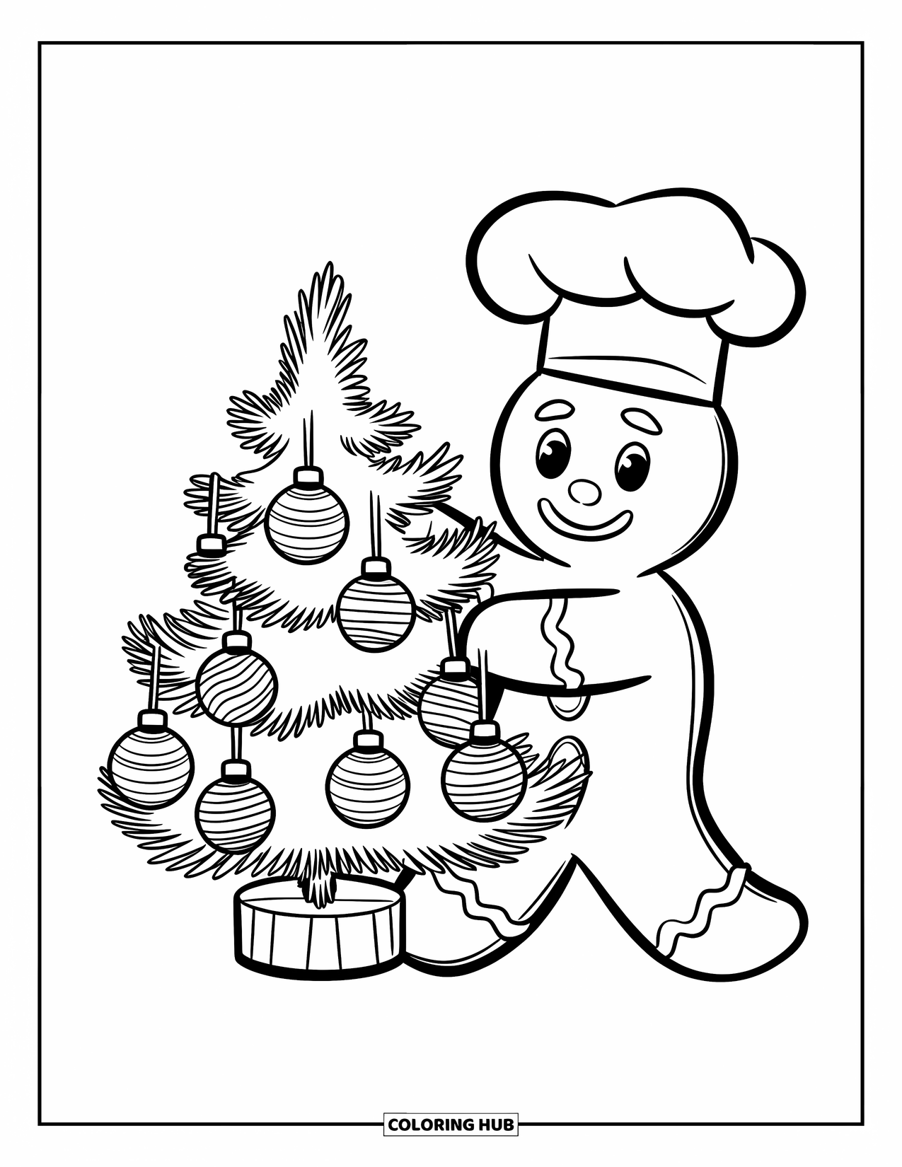 Gingerbread Christmas Coloring Page for Kids: A gingerbread man hangs gumdrops on a tiny Christmas tree