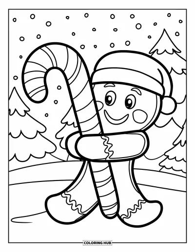 Gingerbread Christmas Coloring Page for Kids: A gingerbread man in a hat holds a candy cane in the snow