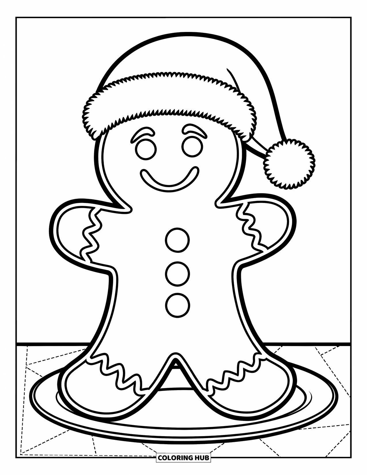 Gingerbread Christmas Coloring Page for Kids: A gingerbread man with buttons and a Santa hat on a plate