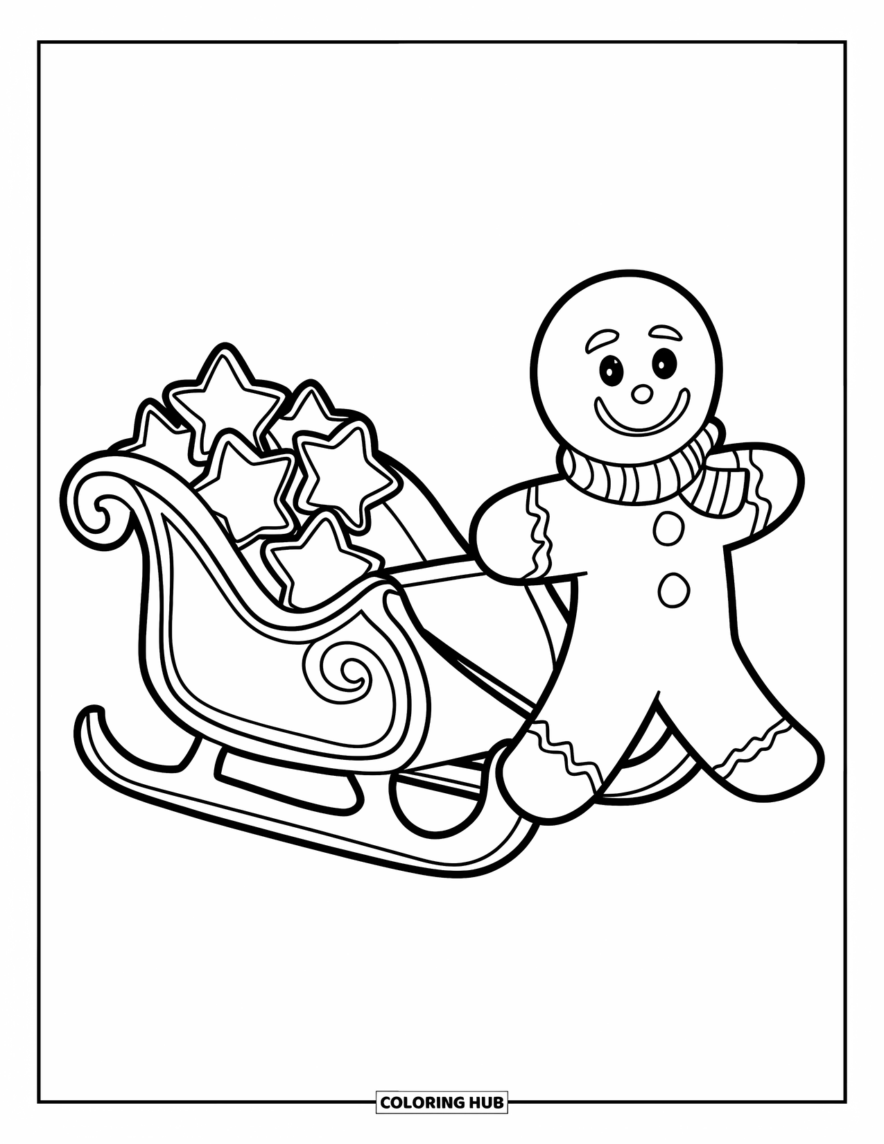 Gingerbread Christmas Coloring Page for Kids: A gingerbread sleigh carrying cookies across a wintry landscape