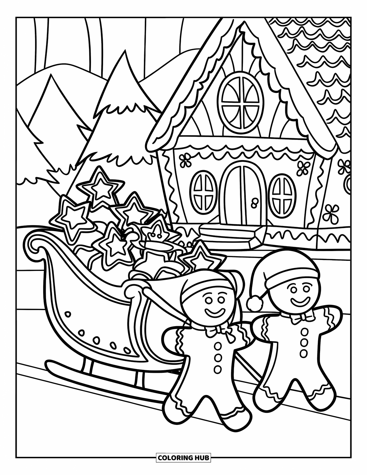 Gingerbread Christmas Coloring Page for Kids: A gingerbread sleigh filled with cookies glides through the snow
