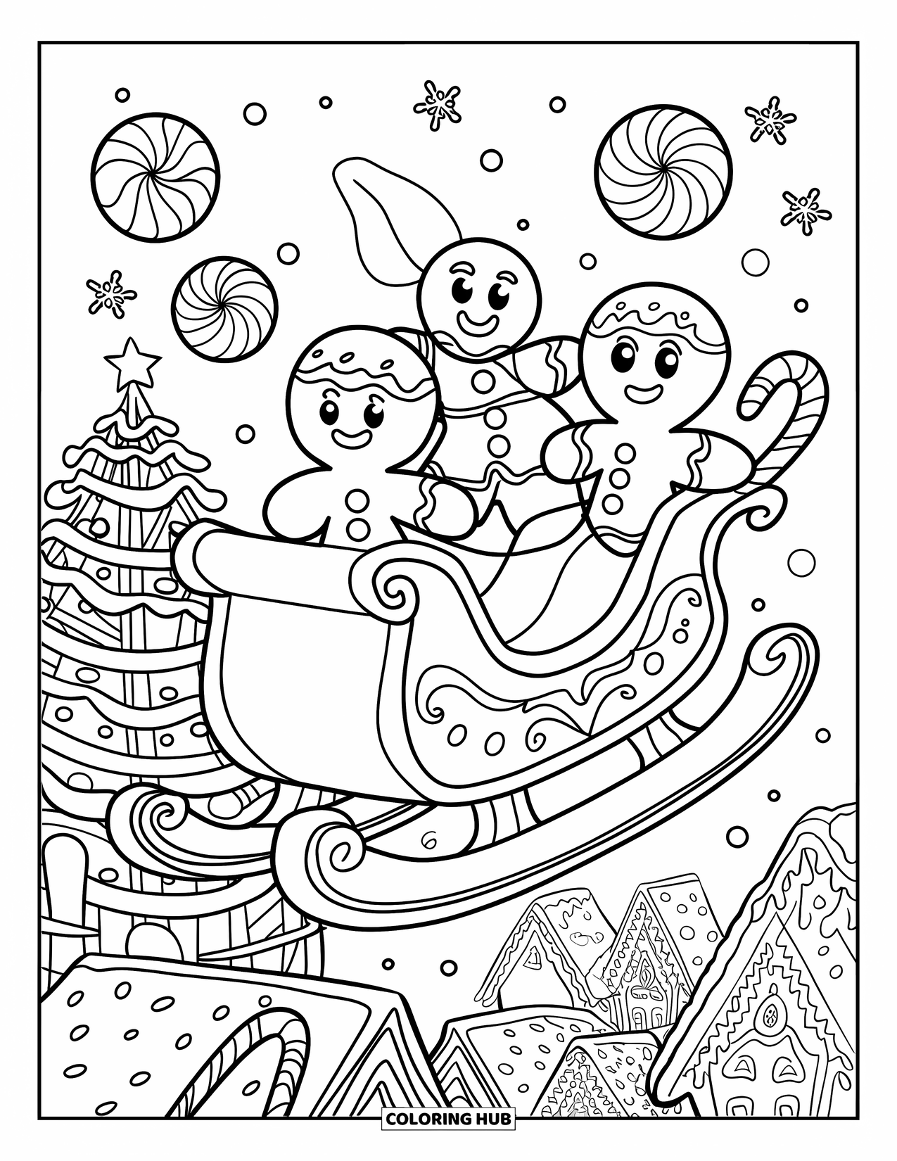 Gingerbread Christmas Coloring Page for Kids: A gingerbread sleigh flying through snowflakes and Christmas candy skies