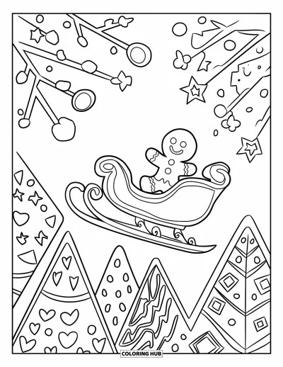 Gingerbread Christmas Coloring Page for Kids: A gingerbread sleigh gliding above candy rooftops under the moon and stars