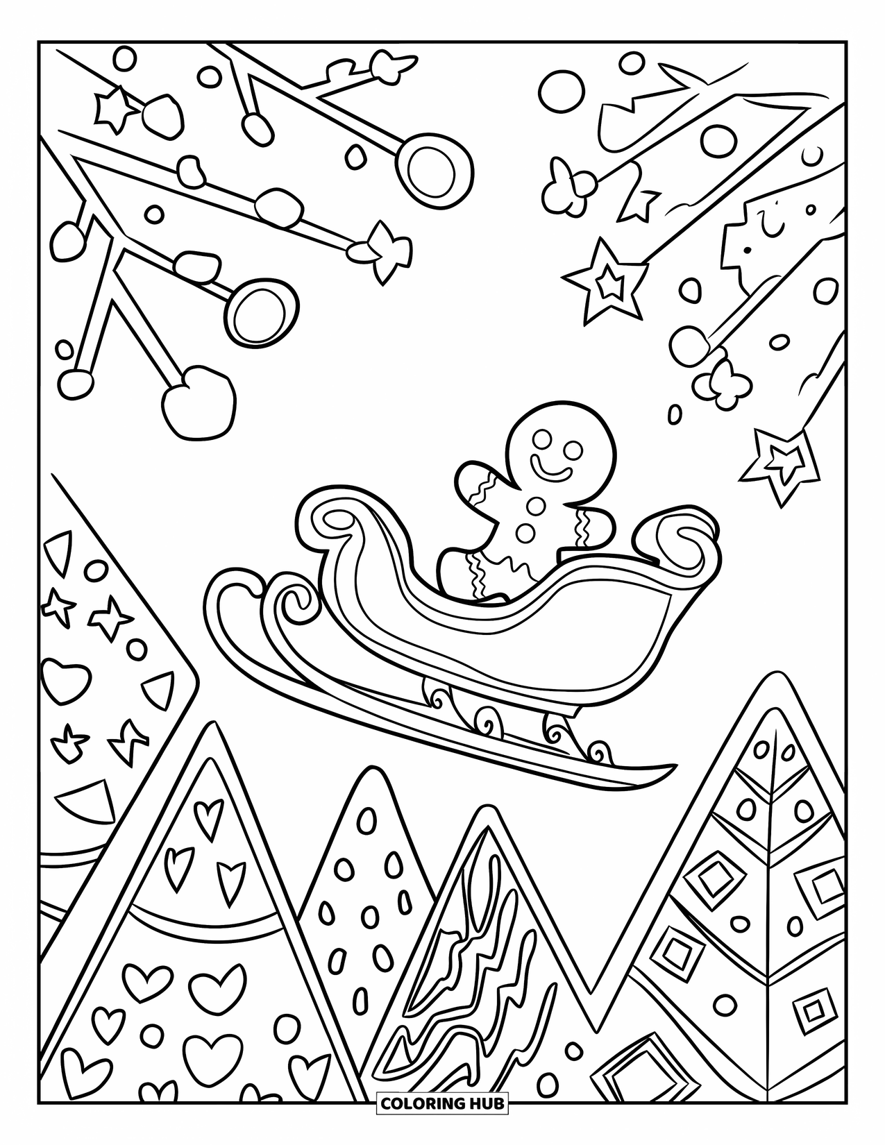 Gingerbread Christmas Coloring Page for Kids: A gingerbread sleigh gliding above candy rooftops under the moon and stars