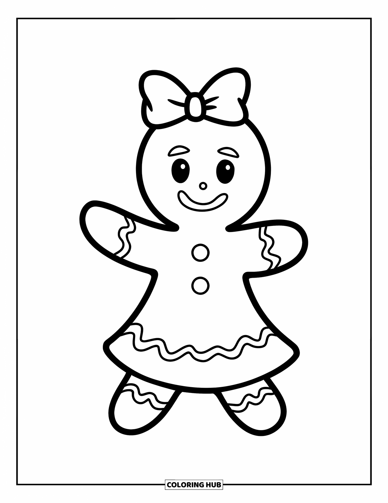 Gingerbread Christmas Coloring Page for Kids: A gingerbread woman with a bow waves cheerfully hello