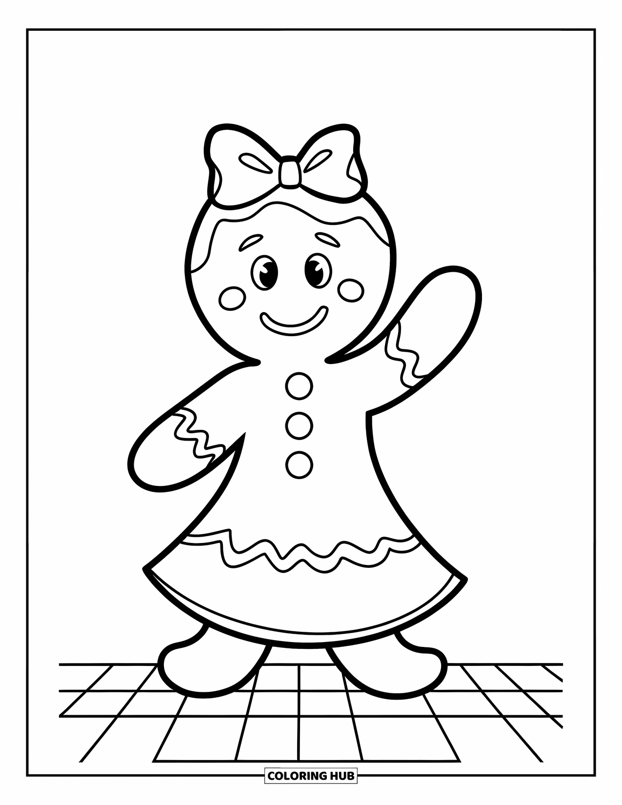 Gingerbread Christmas Coloring Page for Kids: A happy gingerbread girl with a bow waves from a checkered floor