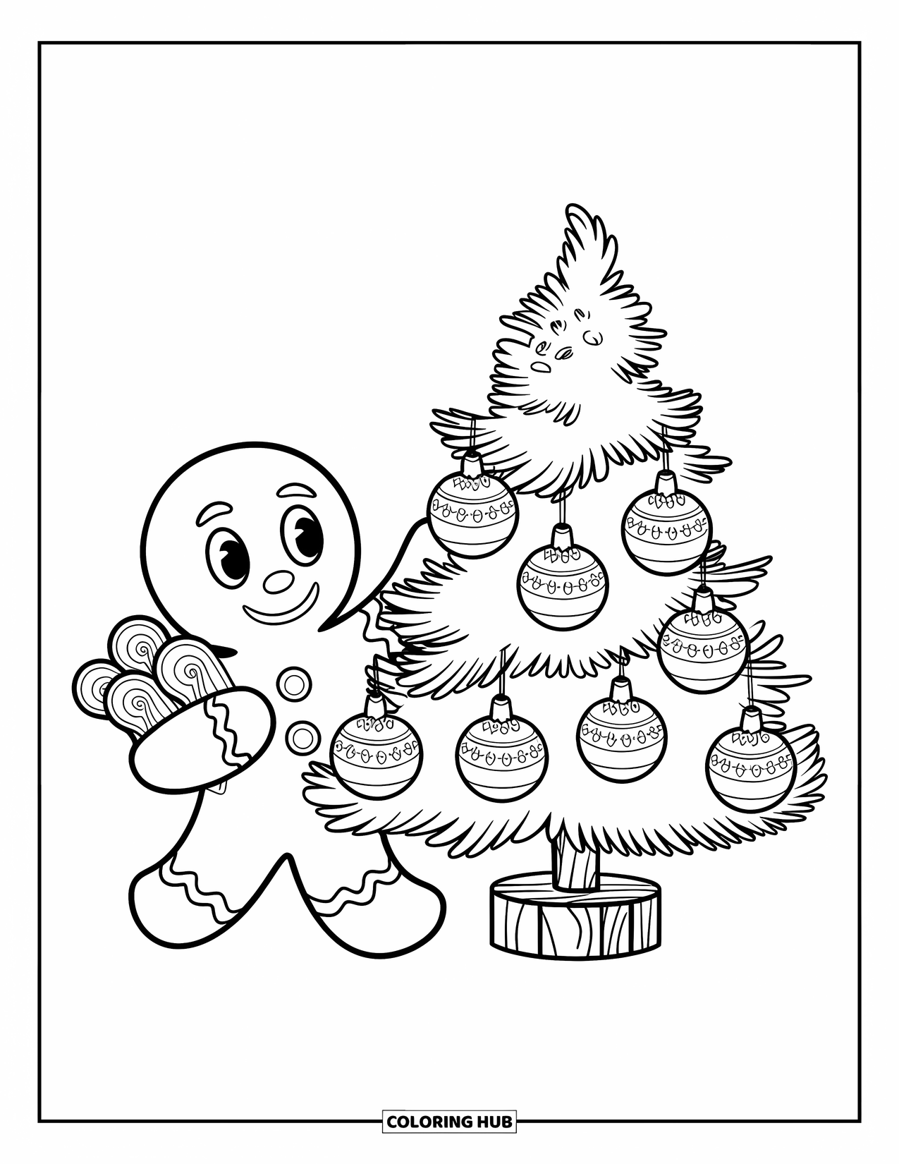 Gingerbread Christmas Coloring Page for Kids: A happy gingerbread man decorates a small candy Christmas tree