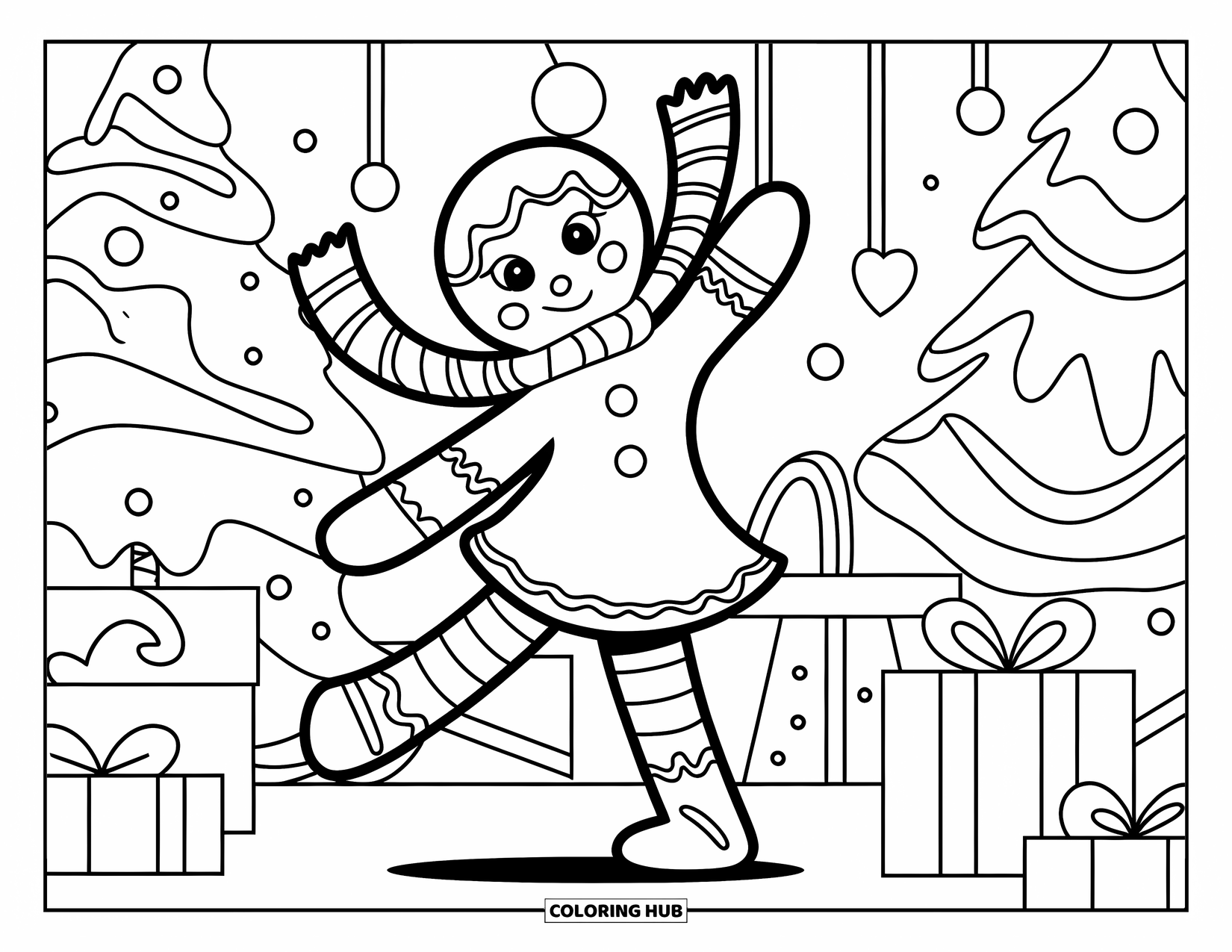 Gingerbread Christmas Coloring Page for Kids: A joyful gingerbread dancer twirls in a festive Christmas scene