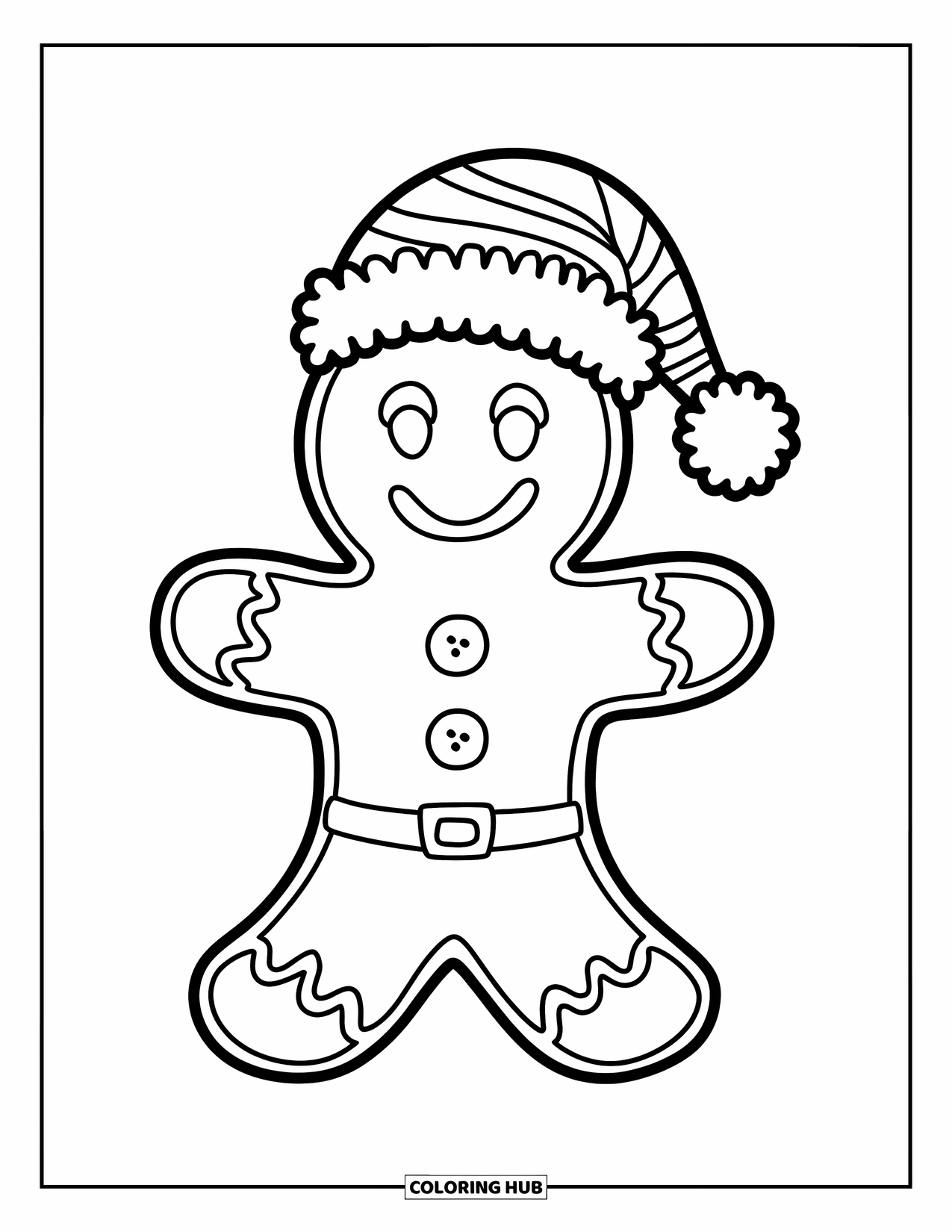 Gingerbread Christmas Coloring Page for Kids: A playful gingerbread man in a Santa hat ready for Christmas fun