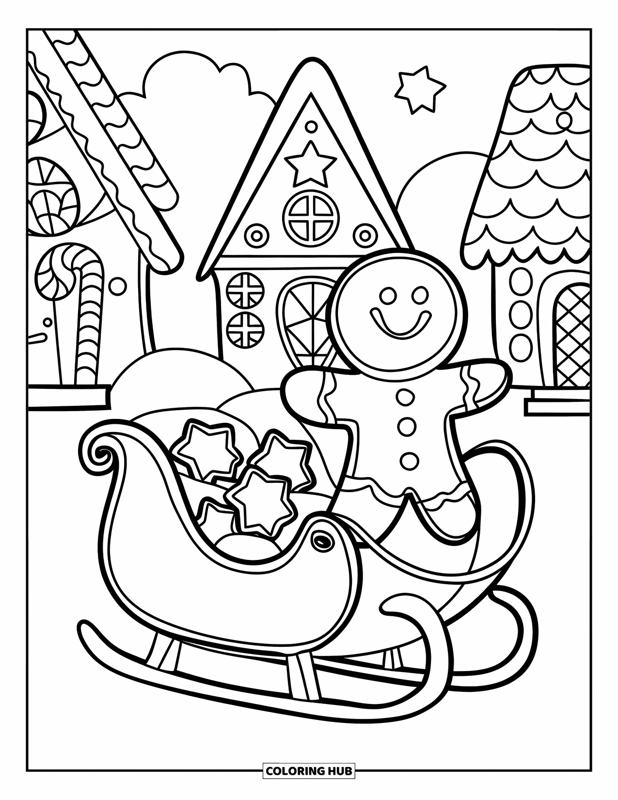 Gingerbread Christmas Coloring Page for Kids: A playful sleigh filled with cookies gliding through a snowy field
