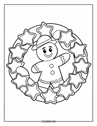 Gingerbread Christmas Coloring Page for Kids: A smiling gingerbread baker hangs a cookie wreath on a festive door