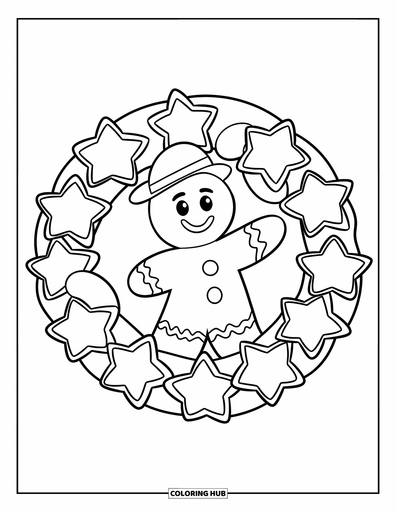 Gingerbread Christmas Coloring Page for Kids: A smiling gingerbread baker hangs a cookie wreath on a festive door