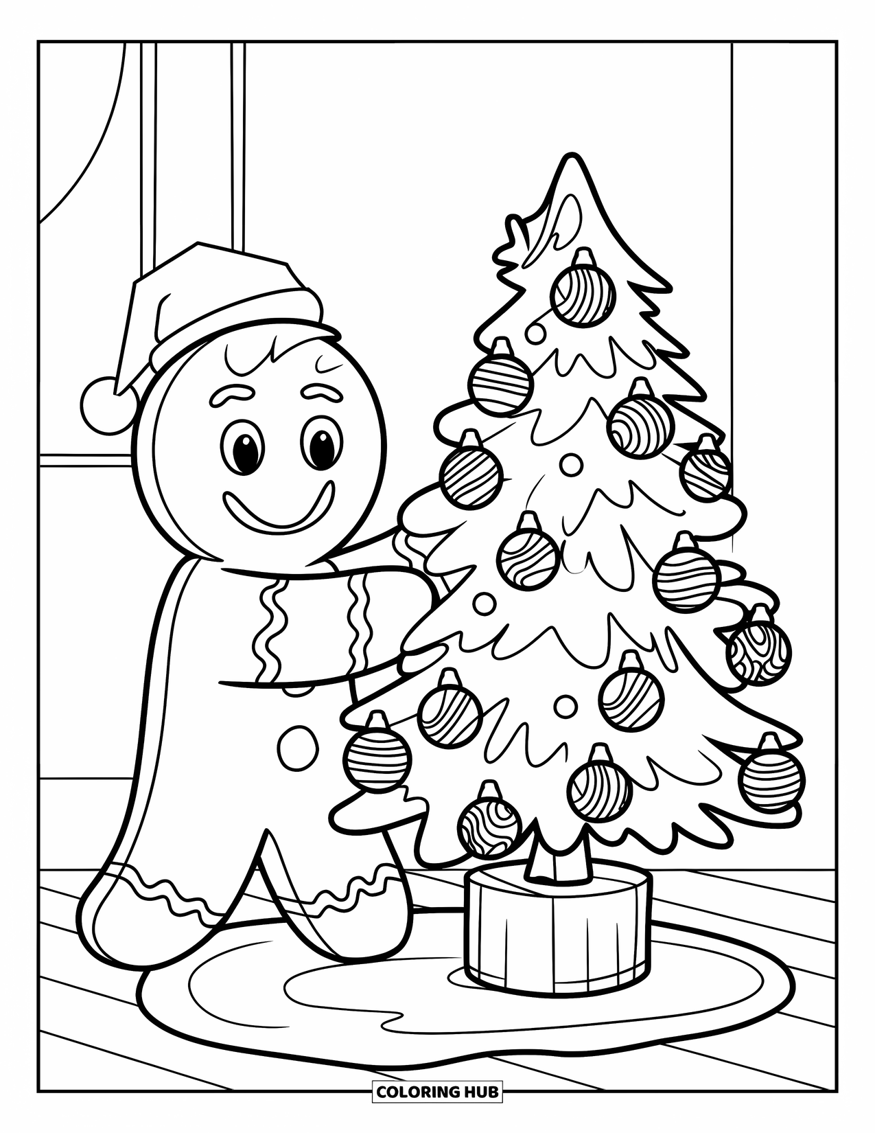 Gingerbread Christmas Coloring Page for Kids: A smiling gingerbread decorator adds gumdrop ornaments to a tree