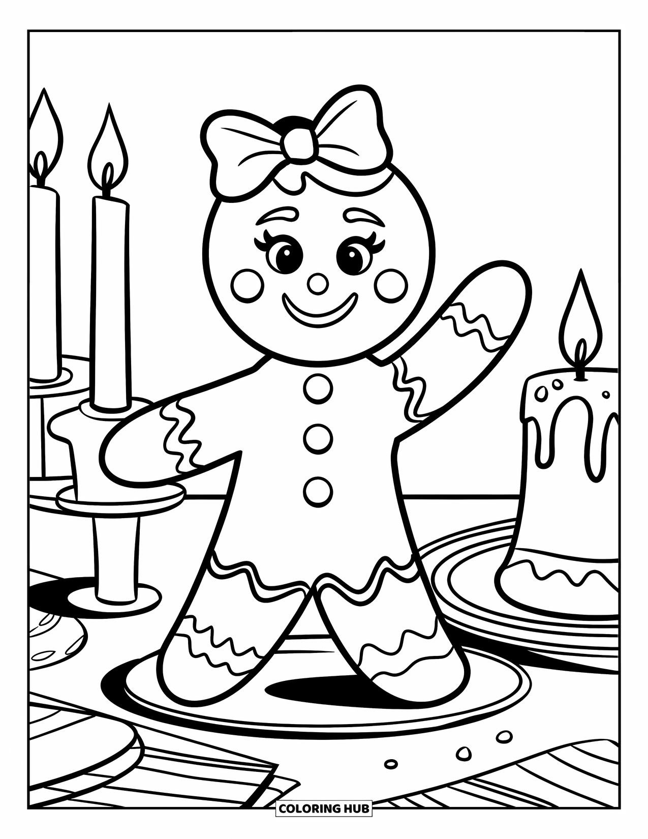 Gingerbread Christmas Coloring Page for Kids: A smiling gingerbread lady waves from a festive holiday table
