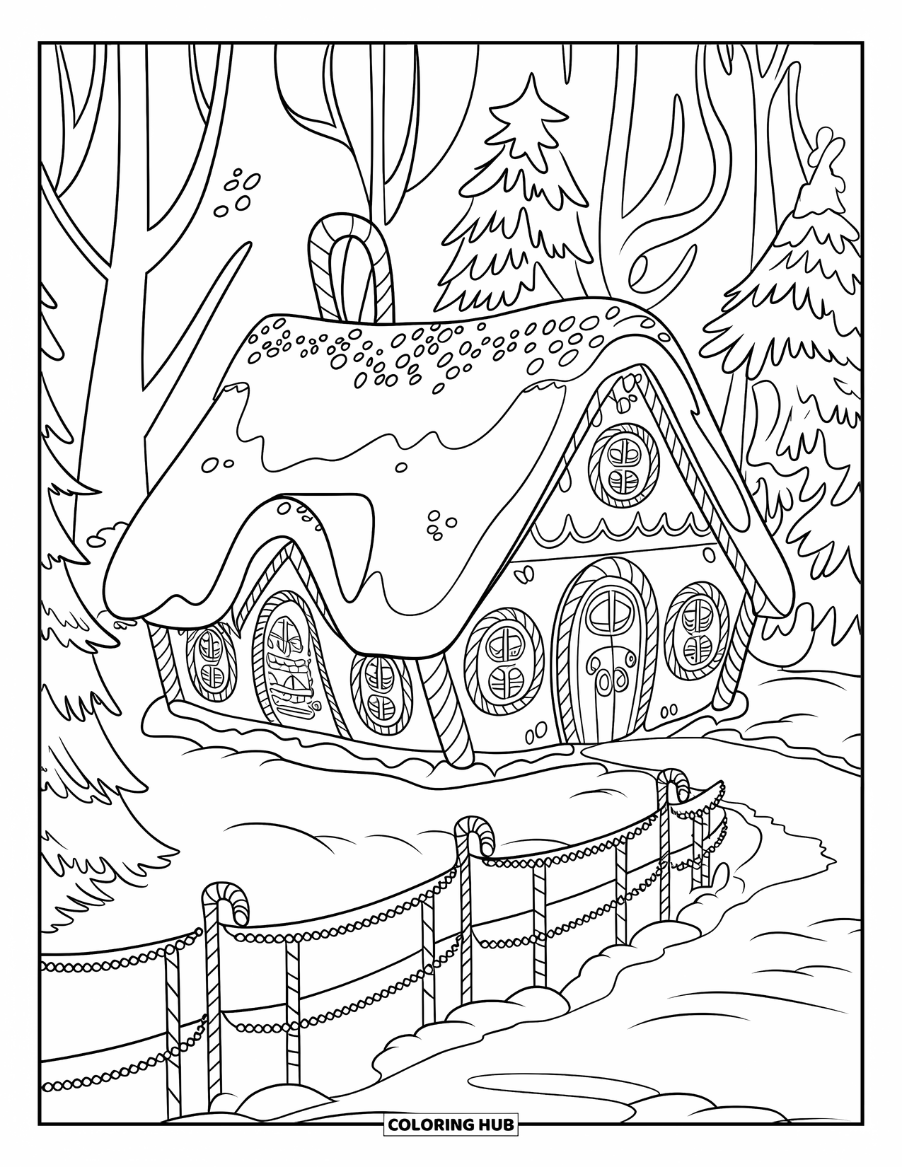 Gingerbread Christmas Coloring Page for Kids: A snow-covered gingerbread cottage with a gumdrop path and trees