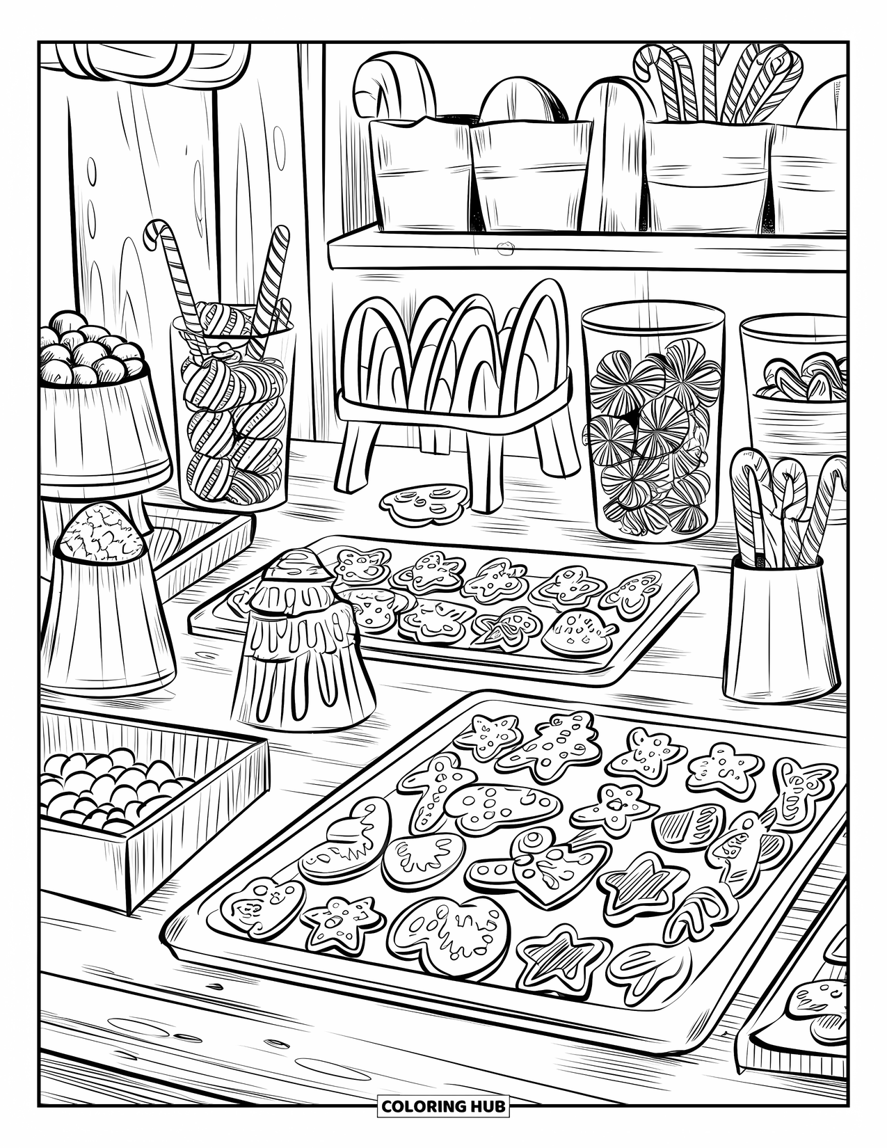 Gingerbread Christmas Coloring Page for Kids: A vintage gingerbread bakery with trays of cookies and candy jars