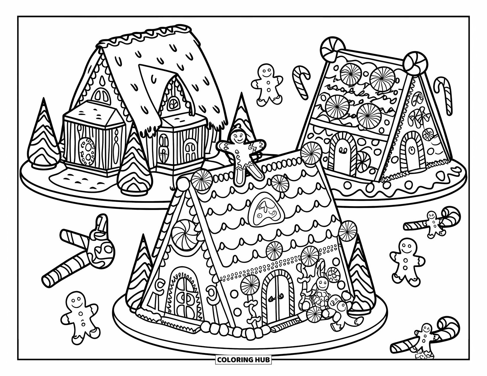Gingerbread Christmas Coloring Page for Kids: Three candy cottages compete in a gingerbread house decorating contest