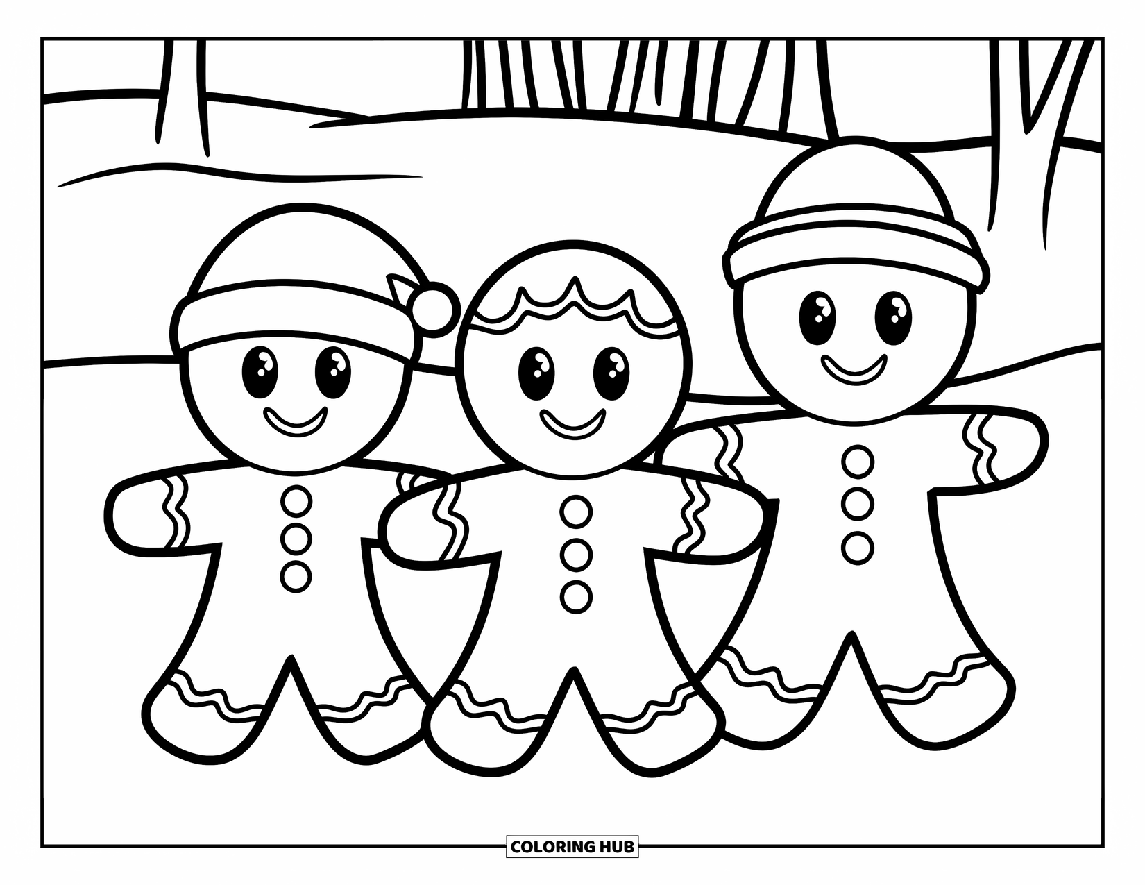 Gingerbread Christmas Coloring Page for Kids: Three gingerbread friends holding hands in a winter wonderland