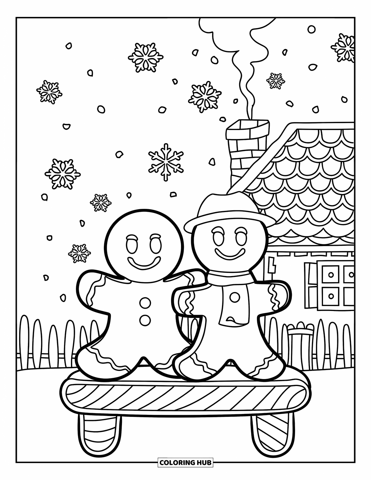 Gingerbread Christmas Coloring Page for Kids: Two gingerbread friends relax on a gumdrop bench in the snow