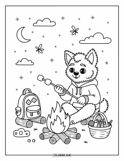 Coloriage de monstres d'Halloween pour adultes : Un loup-garou bien au chaud fait griller des chamallows près d'un feu de camp sous les étoiles