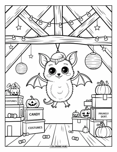 Coloriage de monstres d'Halloween pour adultes : Un petit monstre chauve-souris se suspend à une poutre entourée de guirlandes de candy corn