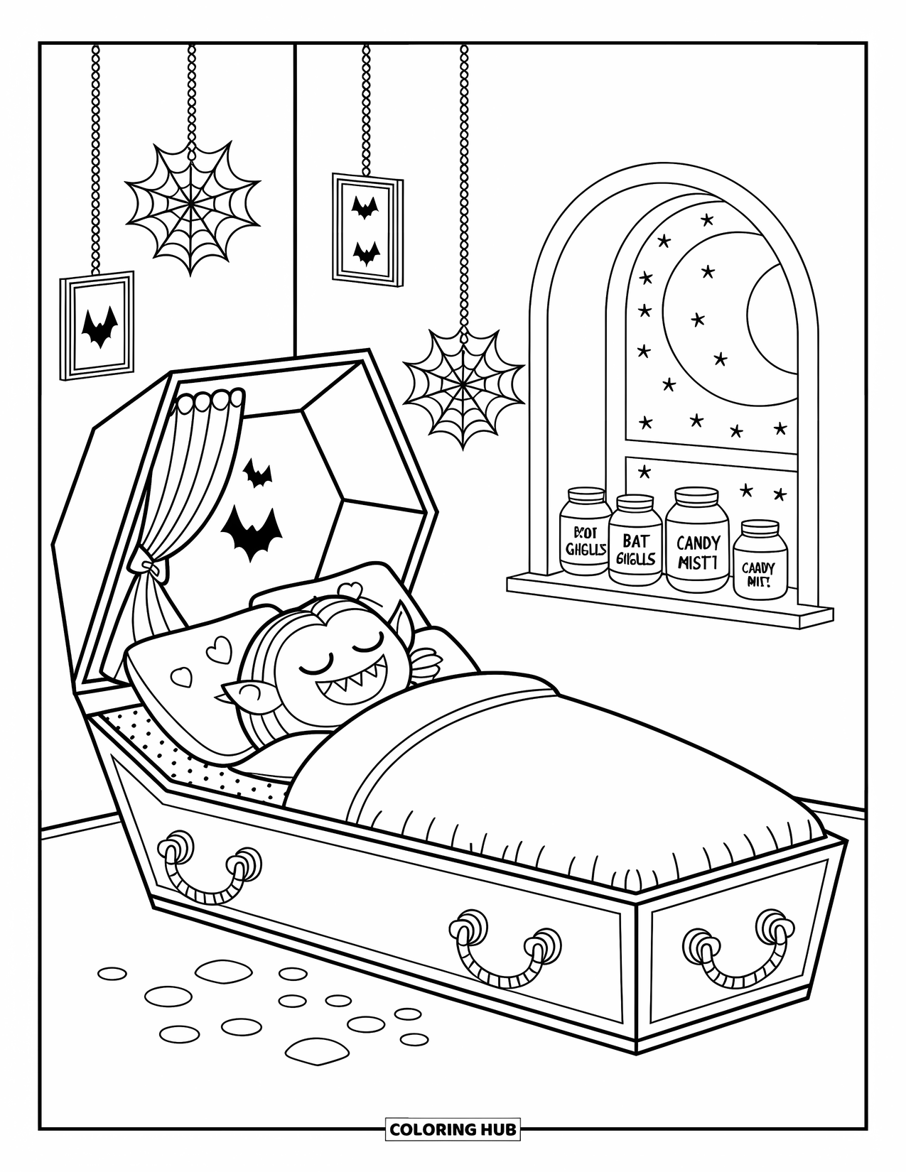 Halloween Monster Coloring Page for Adults: A cute vampire naps in a cozy coffin surrounded by jars of bat giggles