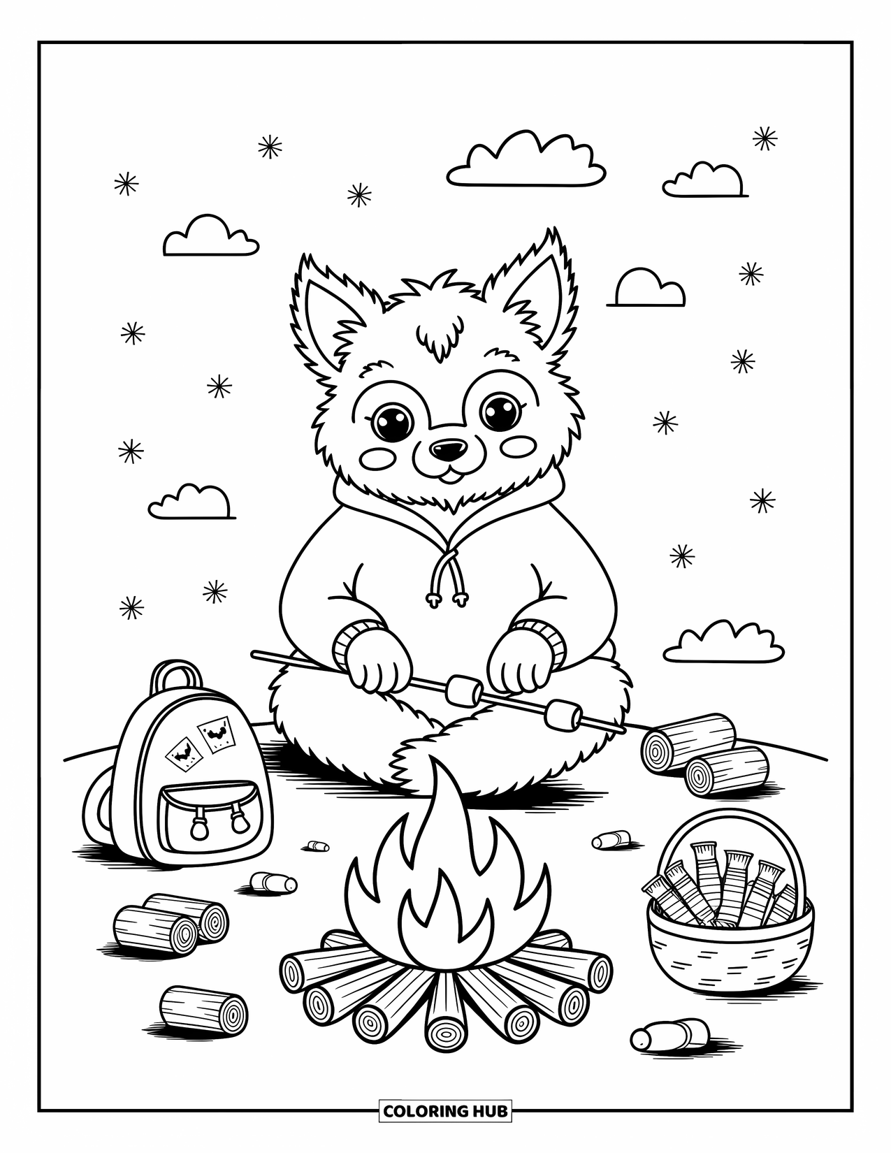 Halloween Monster Coloring Page for Adults: A cute werewolf in a hoodie toasts marshmallows by the fire
