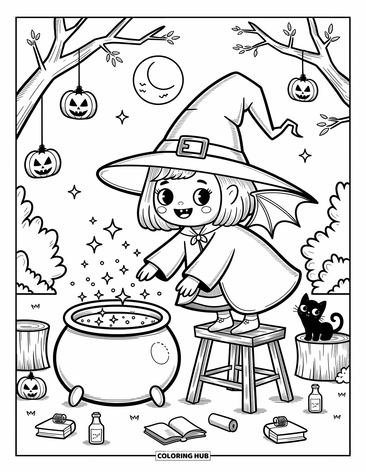 Halloween Monster Coloring Page for Adults: A cute witch brews sparkly potions under the moon with her black cat