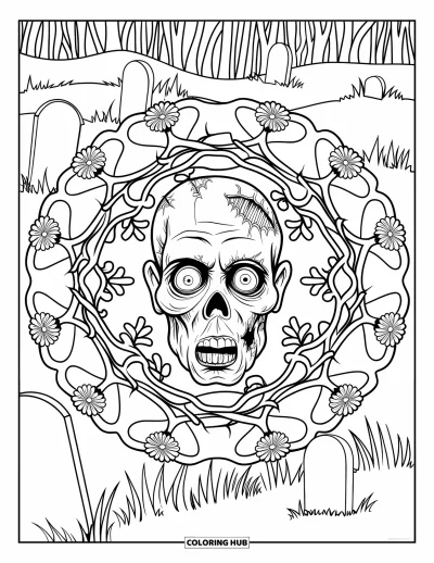 Coloriage de monstres d'Halloween pour adultes : Une tête de zombie décomposée encadrée par des racines tordues et des pétales séchés