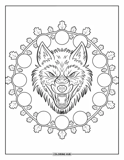 Coloriage de monstres d'Halloween pour adultes : Un loup-garou très détaillé encadré par des phases de lune et des feuilles de chêne enroulées
