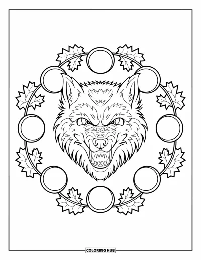 Coloriage de monstres d'Halloween pour adultes : Le visage d'un loup-garou féroce cerclé de lunes et de feuilles de forêt