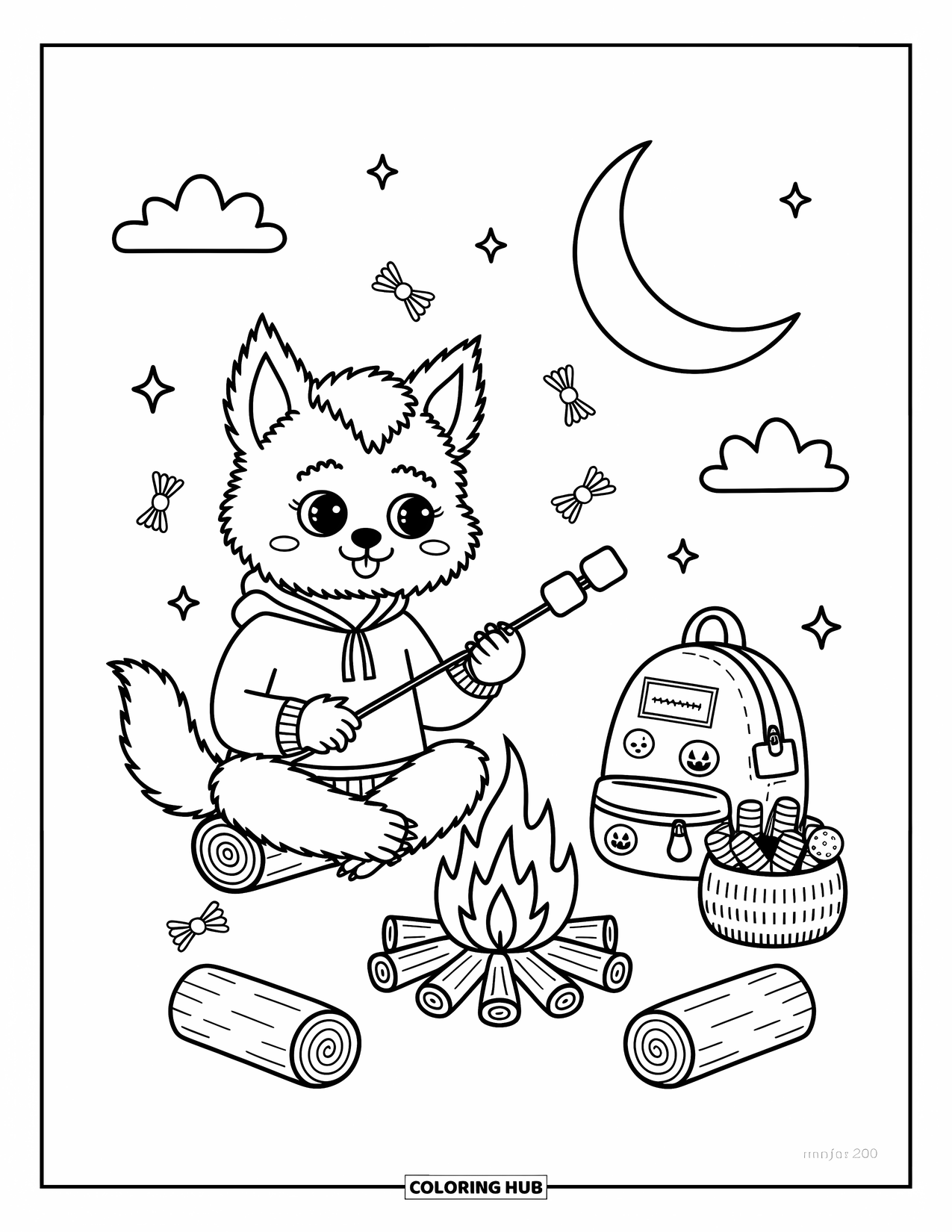 Halloween Monster Coloring Page for Adults: A friendly werewolf roasts marshmallows beneath fireflies and a crescent moon