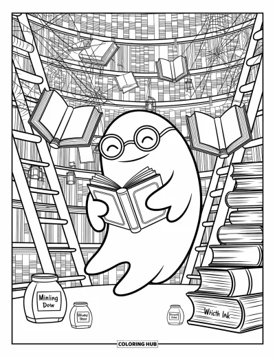 Coloriage de monstres d'Halloween pour adultes : Un monstre fantôme lit tranquillement dans une haute bibliothèque éclairée aux bougies