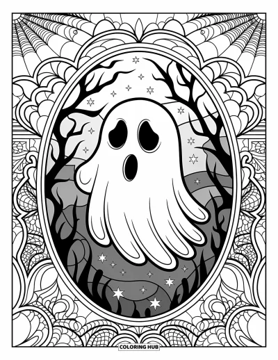 Coloriage de monstres d'Halloween pour adultes : Le visage vide d'un fantôme dérive parmi des branches brumeuses et des étoiles brillantes