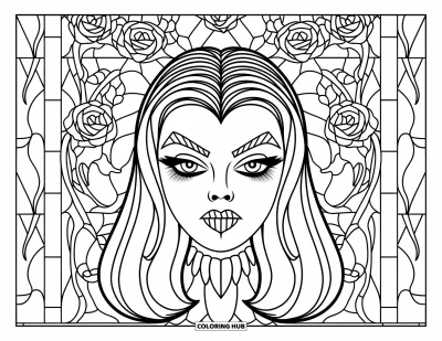 Coloriage de monstres d'Halloween pour adultes : Une vampire gothique avec des roses et des épines derrière son visage raffiné