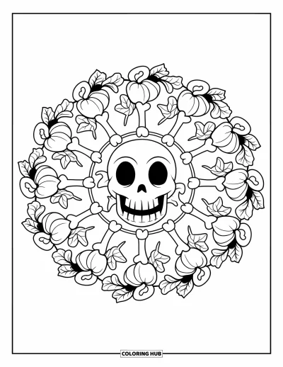 Coloriage de monstres d'Halloween pour adultes : Un crâne rieur repose dans un mandala d'ossements, de citrouilles et de lierre