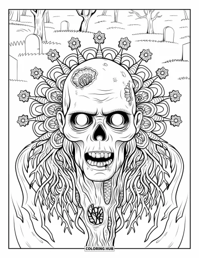 Coloriage de monstres d'Halloween pour adultes : Un visage de zombie envoûtant entouré de racines et de fleurs de cimetière