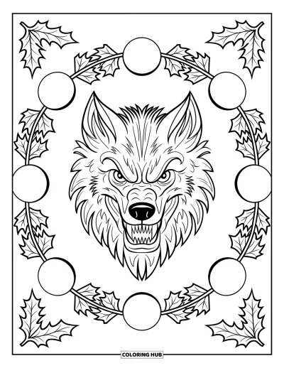 Coloriage de monstres d'Halloween pour adultes : Un loup-garou hurlant entouré de pleines lunes et de motifs de feuilles de chêne